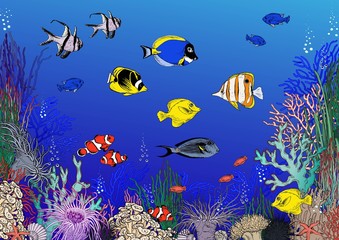 Colorful coral reef with tropical fishes. Underwater background. Vector illustration.