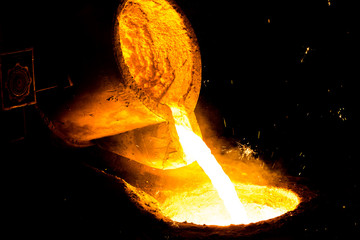 metal casting process with red high temperature fire in metal part factory
