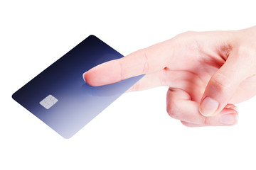 a card in a hand is isolated on a white background