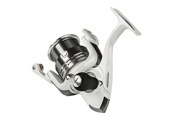 Feeder tackle. White fishing reel isolated white background