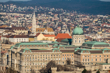 Buda castle and Matthias church as seen from Gellert Hill in Budapest, Hungary.