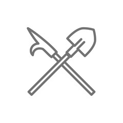 Fire gaff with shovel, firefighter equipment line icon.