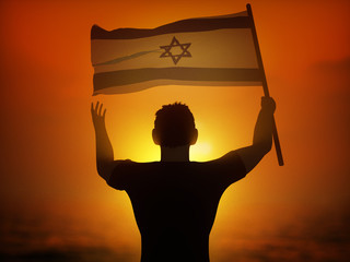 Lonely patriot Jewish man standing with the flag of Israel. Newcomer life and immigration to Israel...
