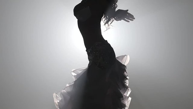 Belly dancer arabian in exotic dress dancing exotic dance. Smoke background. Slow motion