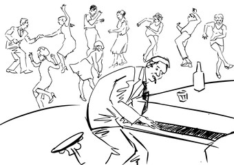 Pianist at fun jazz party. Piano player and dancing people. Black silhouette on white background. Sketch illustration. Hand drawn poster. Graphic lines artwork.