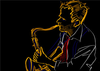 Saxophone player. Colorful lines on black background. Musical vector illustration. Hand drawn saxophone player.