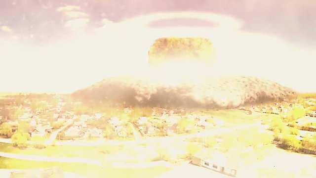 A huge nuclear explosion blows everything in its path. The camera to the last shoots what is happening. The shock wave rushes to the camera. After shown TV tower enveloped in smoke.