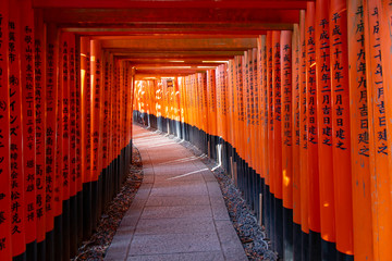 Red torii gates in Fushimi Inari shrine in Kyoto Japan without people