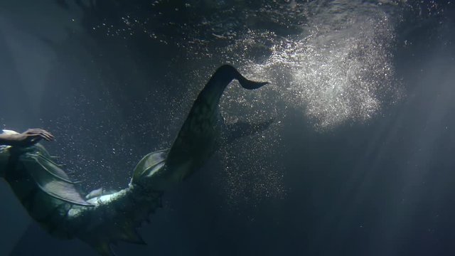 fish tail of young mermaid, swimming inside sea, underwater shot