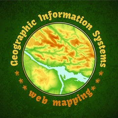 Geographic information system banner with topographic background round concept