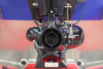 New outboard water jet propulsion unit - closeup rear view on tunnel transom boat