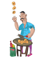 An indian street food vendor cooking some fried traditional dishes. Cartoon, Caricature.