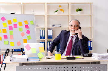 Aged man employee in conflicting priorities concept