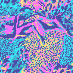 Seamless vector leopard wild safari skin print. Mix of Tiger skin, jaguar skin, leopard print. Neon bright colors. Glitch pattern. Retro pattern.