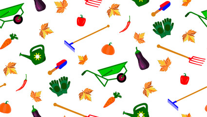 set of garden tools and vegetables on the background of yellow leaves