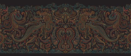Vector seamless pattern. Fantasy mermaid, octopus, fish, sea animals colorful contour thin line drawing with ornaments on a black background. Embroidery border, wallpaper, textile print, wrapping pape