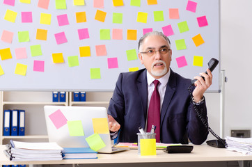Aged man employee in conflicting priorities concept