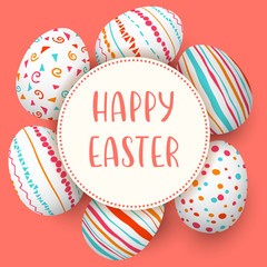 Easter eggs in frame with text. Colorful easter eggs on coral background. hand font. central badge. Simple ornaments.