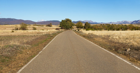 Fototapeta na wymiar Vista panoramica de Paisaje otoñal con carretera y montañas al fondo