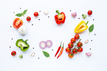 Various fresh vegetables and herbs on white background. Healthy eating concept