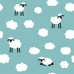 Obraz na płótnie Canvas Cute seamless pattern. Clouds and sheeps on blue background