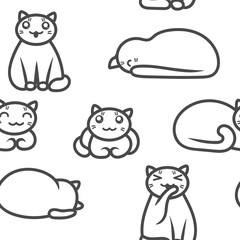 Cute seamless vector pattern. Outline of cats in kawaii style