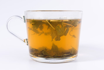 green herbal tea in a transparent cup isolated on white background