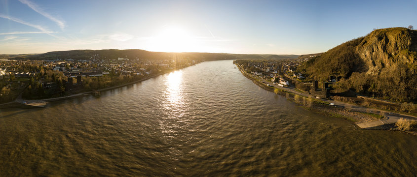 The City of Remagen, Erpel, Kripp and the "Ludendorff" bridge in Remagen am Rhein from above / Rhineland Palatinate, Germany