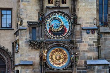 Prague, Czech Republic - March 04, 2019: The clock on the Old Town Square, Prague Orloj - astronomical clock installed on the southern wall of the Old Town Hall building
