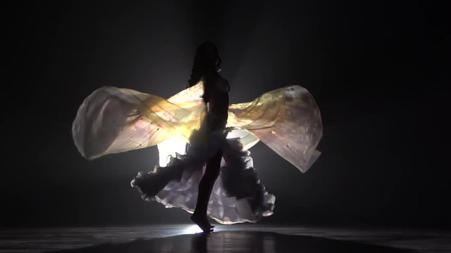 Oriental dancer rotates on stage. Smoke background. Slow motion. Sihouette