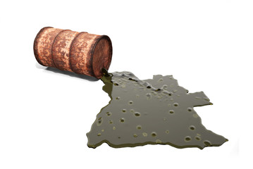Oil spills from a rusty barrel and forms the shape of the country of Angola. 3d illustration on the theme of oil and pollution. Isolated on white background.