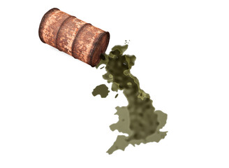 Oil spills from a rusty barrel and forms the shape of the country of Great Britain. 3d illustration on the theme of oil and pollution. Isolated on white background.