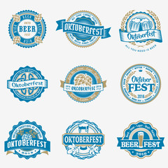 Oktoberfest vector blue logo beer labels set - obrazy, fototapety, plakaty