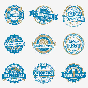 Oktoberfest vector blue logo beer labels set