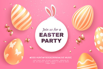 Easter party invitation banner. Composition of golden Easter eggs and confetti on a pink background. Sticking bunny ears. Applicable for greeting card, holiday sale, etc. Vector illustration.