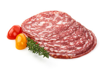 Sliced Dried sausage or salami, close-up, isolated on white background