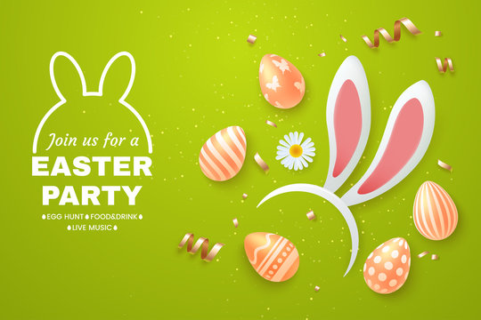 Easter Holiday light green background with bunny ears headband, easter eggs and scattered golden confetti. Top view composition. Template for greeting card, party invite, promo. Vector illustration.
