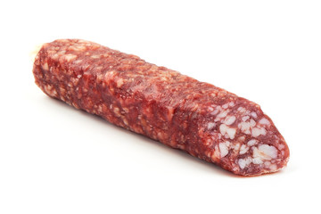 Jerked Sausage, Dry-cured meat, close-up, isolated on white background