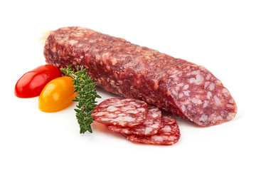 Fresh and dried Chinese sausages, close-up, isolated on white background