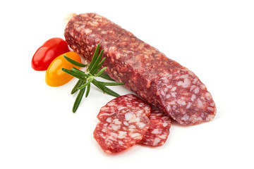 Dried sausage or salami, close-up, isolated on white background