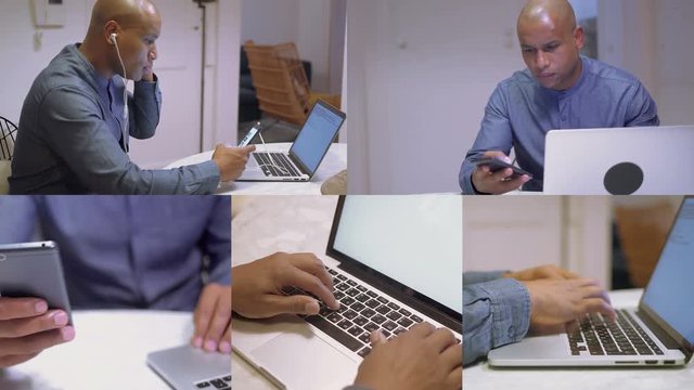 Collage of medium and close up shots of young Afro-american handsome bald man in blue shirt sitting at home, working on laptop, choosing music on phone. Work, communication concept