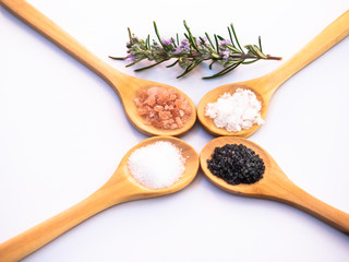 Wooden spoons with himalayan salt, black hawaii salt, common salt, salt flakes and a rosemary twig on a white background