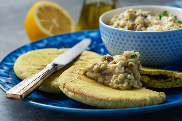 Traditional greek eggplant spread , melitzanosalata, with pita bread.
