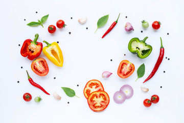 Various fresh vegetables and herbs on white background. Healthy eating concept