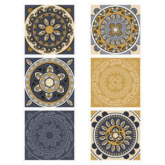 Collection with circular ornaments in golden-dark blue tones