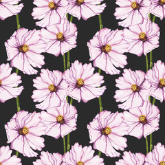 Watercolor hand painted botany flower illustration seamless pattern on black background