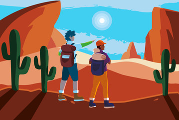 Obraz premium adventurous couple with travelbag in the desert