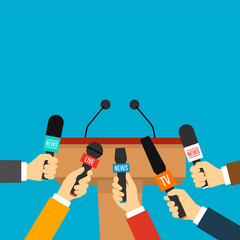Rostrum, tribune and hands of journalists with microphones. Press conference concept. Vector illustration in flat style