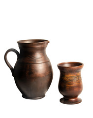 Pottery for drinks on white background..Brown pitcher with handle and bowl. Isolated objects.