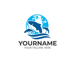 Environmental protection, breeding fish, planet earth and fish in water, logo design. Animals, underwater life, nature and ecological, vector design and illustration